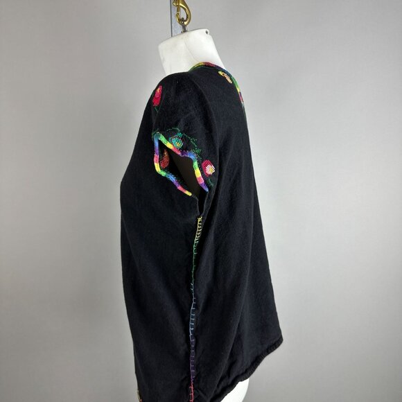 Vtg 80s Colorful Embroidered Floral Cotton Black Womens Mexico Blouse Size Large - Picture 3 of 3